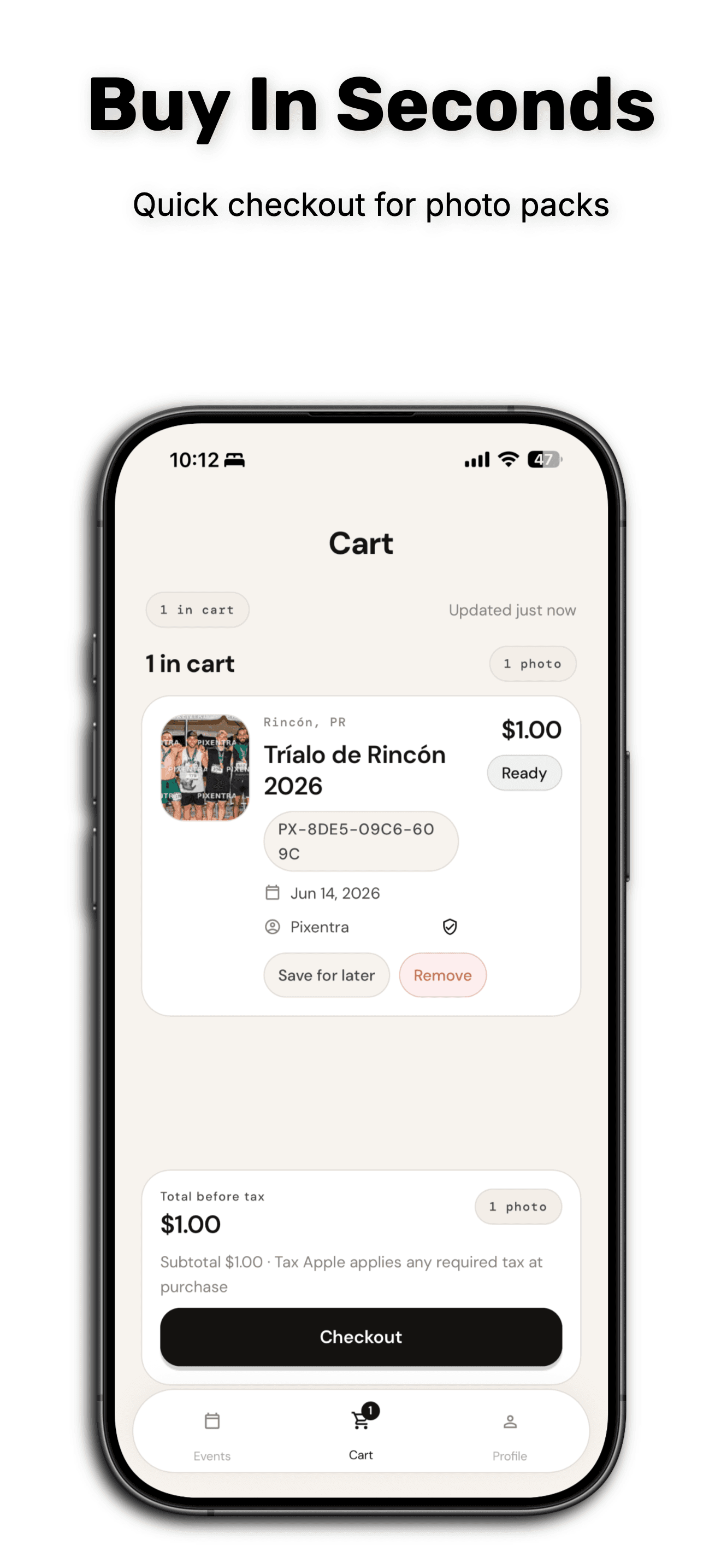 Pixentra photo cart and checkout on a mobile phone.